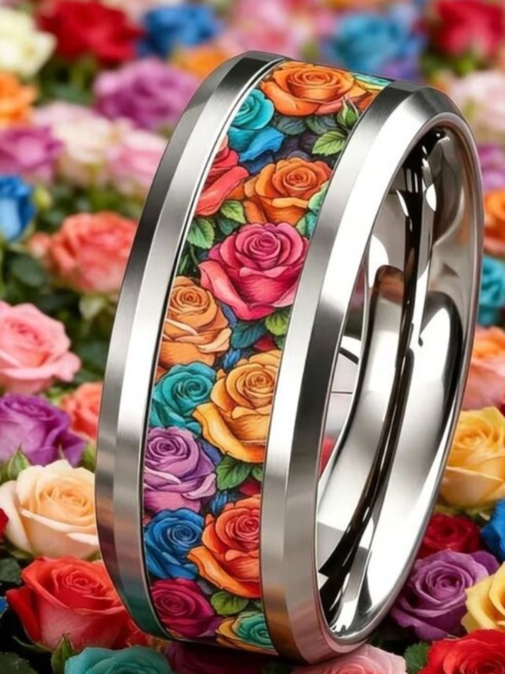 Multicolor Rose Pattern Stainless Steel Women's Ring Size 7